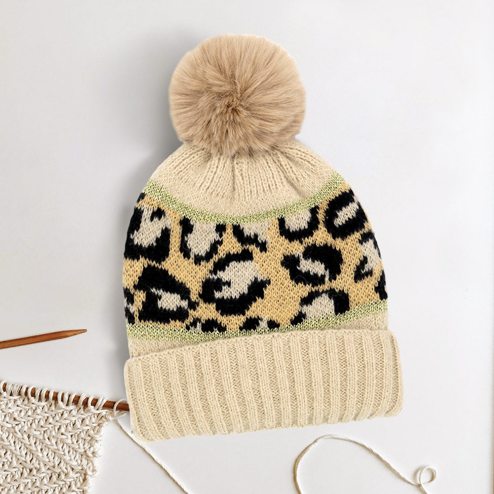 HATEGORY Leopard Patterned Pom Pom Beanie Hat