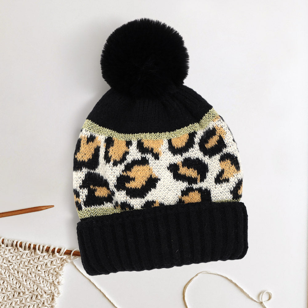 HATEGORY Leopard Patterned Pom Pom Beanie Hat