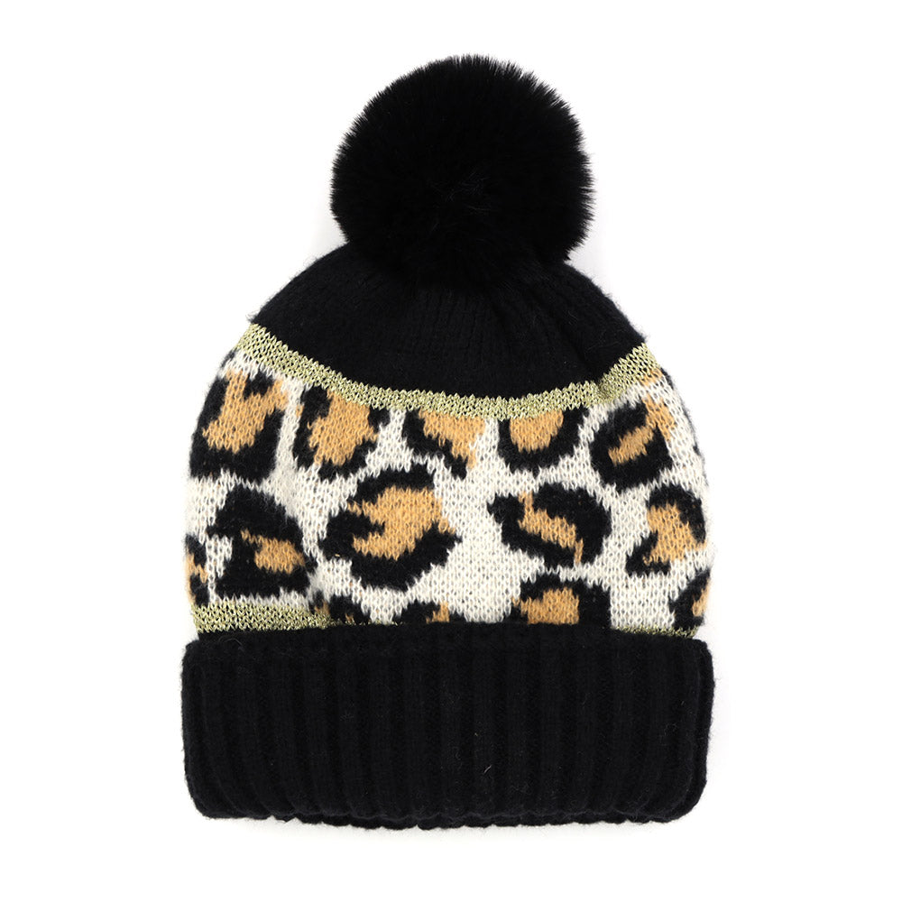 HATEGORY Leopard Patterned Pom Pom Beanie Hat