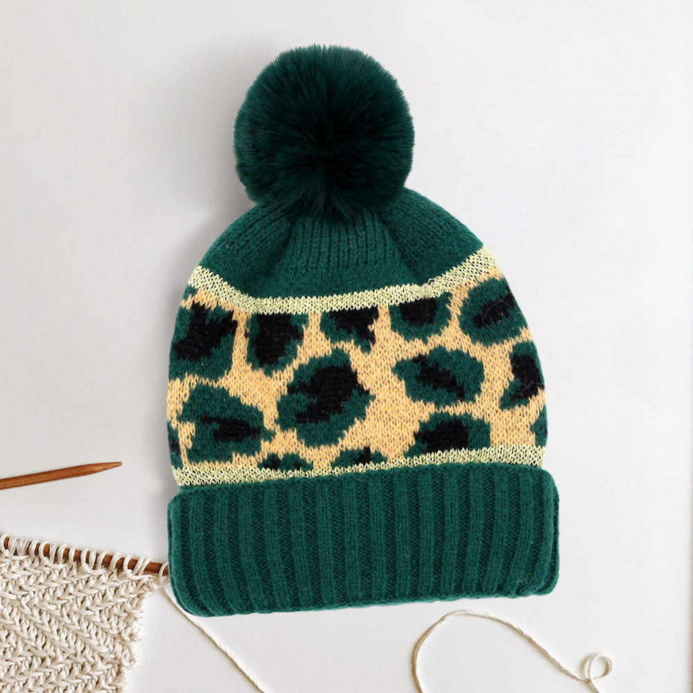 HATEGORY Leopard Patterned Pom Pom Beanie Hat