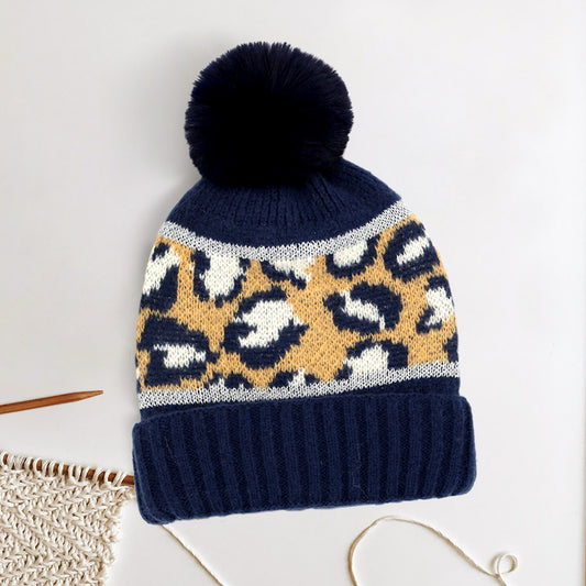 HATEGORY Leopard Patterned Pom Pom Beanie Hat