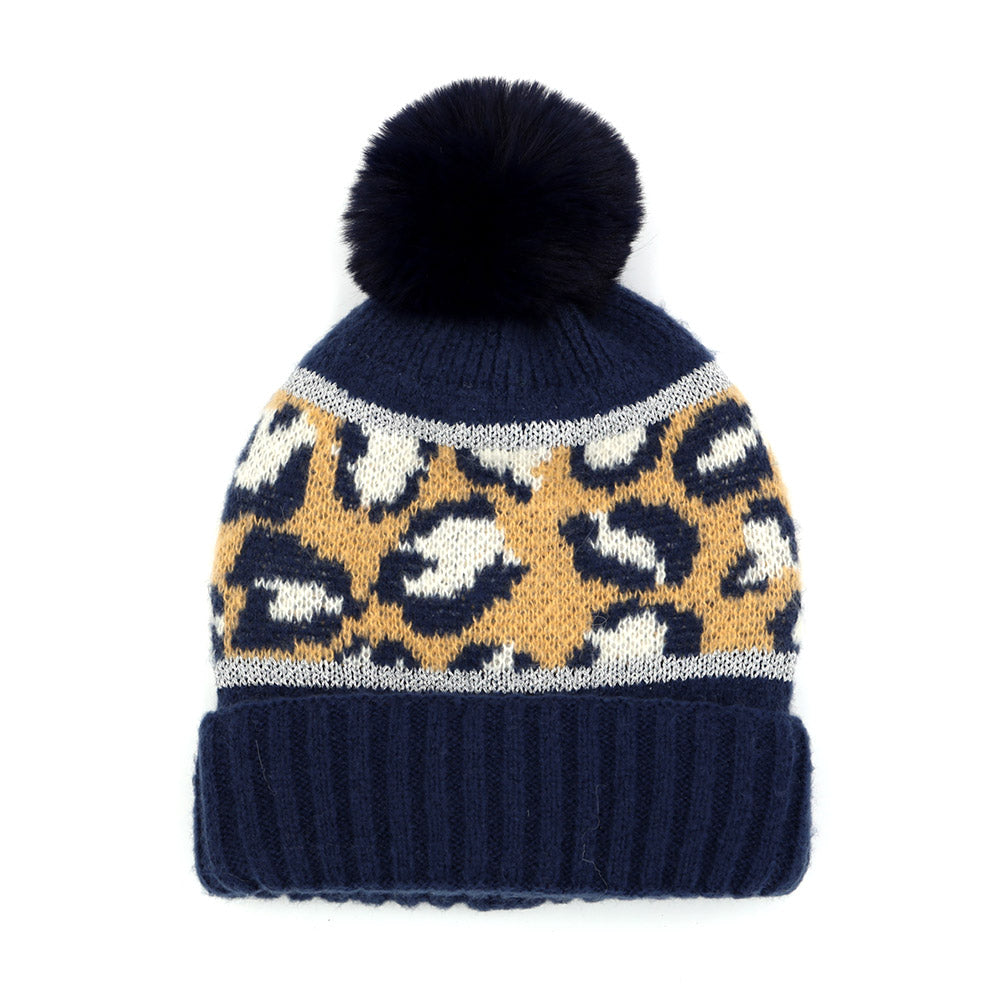 HATEGORY Leopard Patterned Pom Pom Beanie Hat
