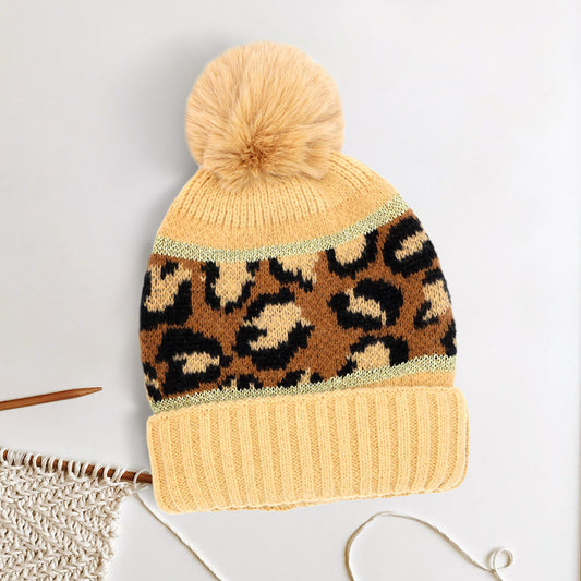 HATEGORY Leopard Patterned Pom Pom Beanie Hat