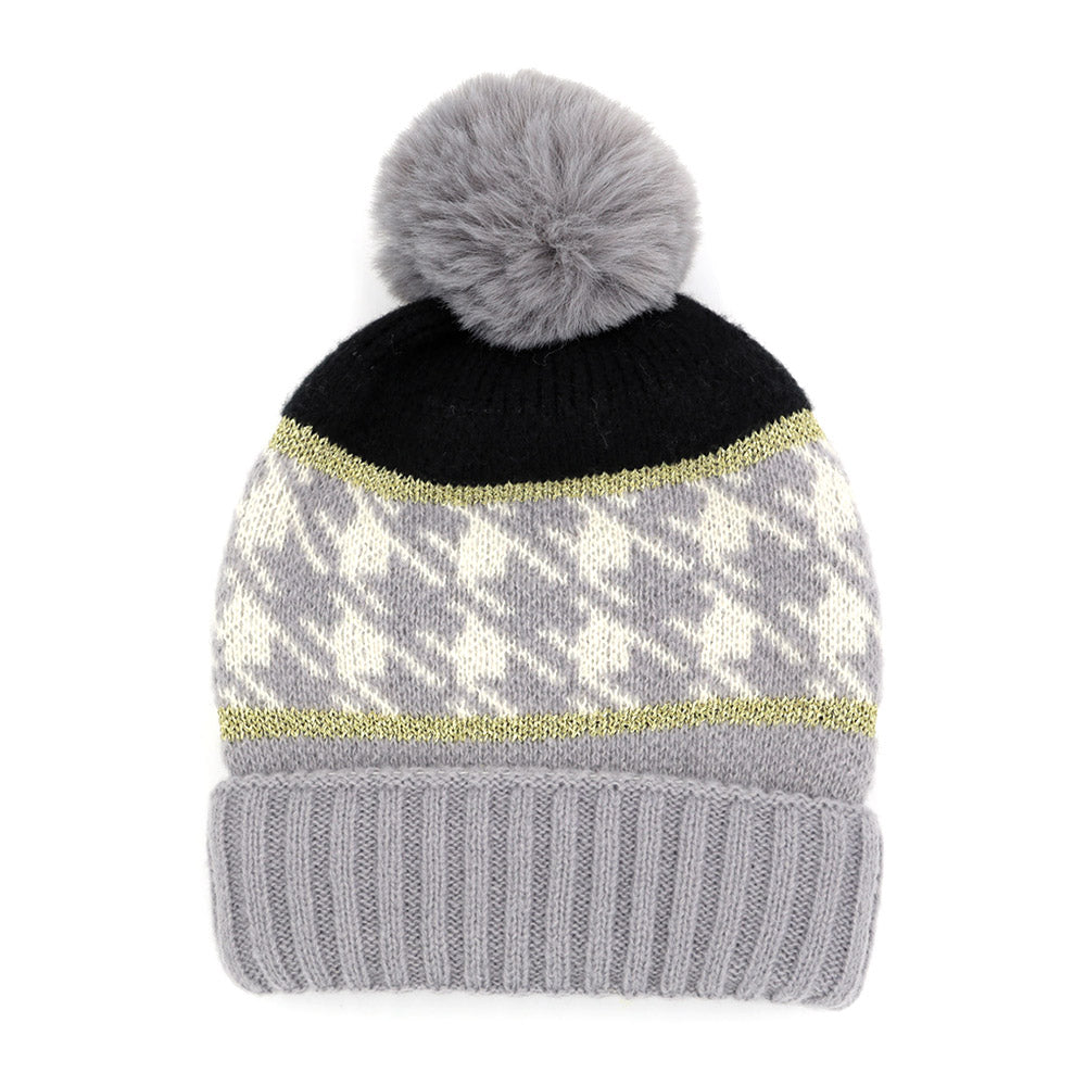 HATEGORY Houndstooth Patterned Pom Pom Beanie Hat