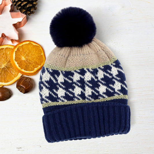 HATEGORY Houndstooth Patterned Pom Pom Beanie Hat