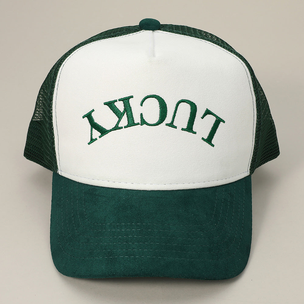 HATEGORY Upside Down LUCKY Message Embroidered Mesh Back Suede Trucker Cap