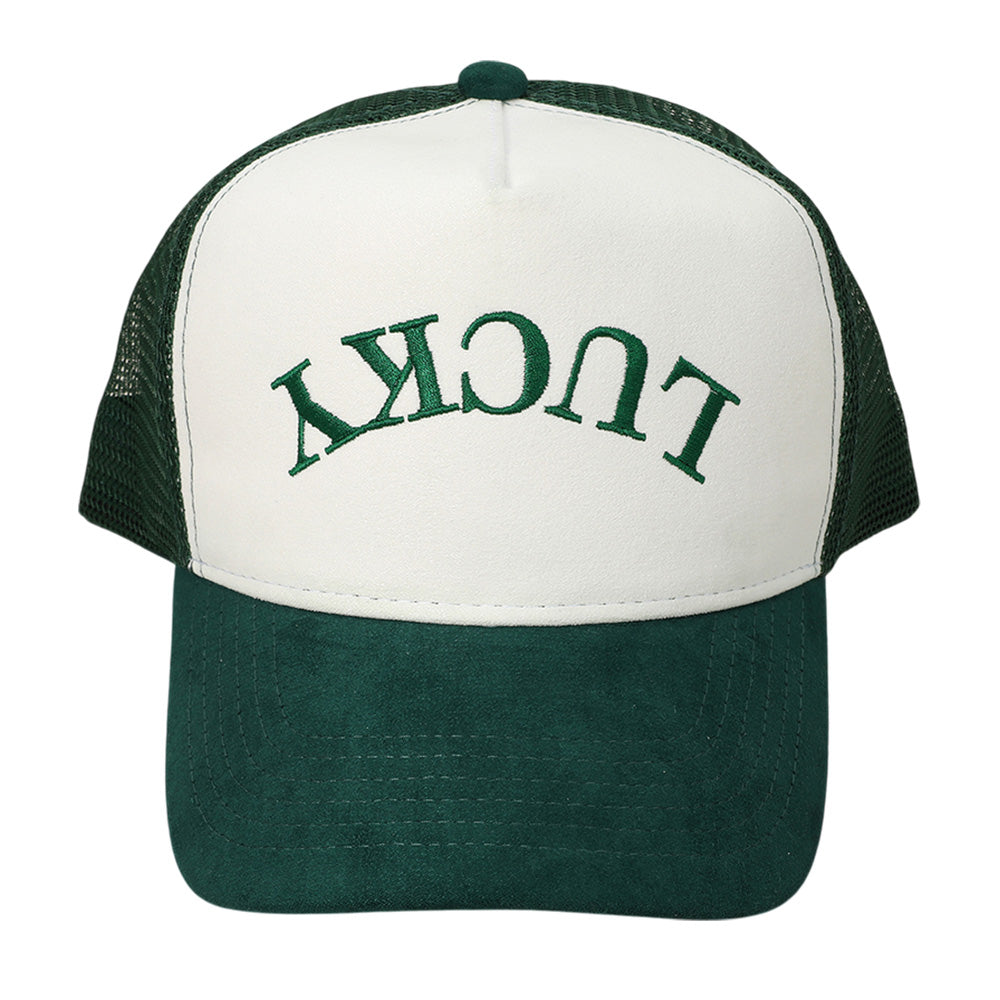 HATEGORY Upside Down LUCKY Message Embroidered Mesh Back Suede Trucker Cap