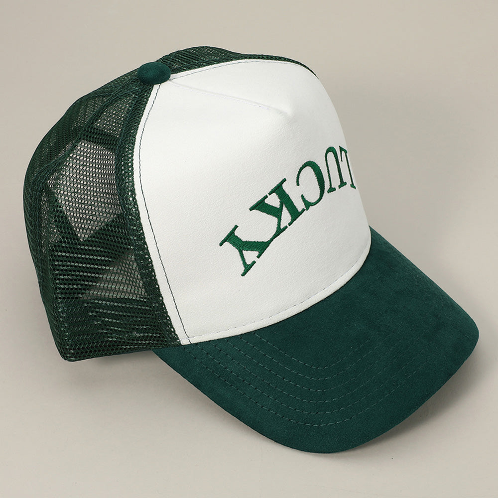 HATEGORY Upside Down LUCKY Message Embroidered Mesh Back Suede Trucker Cap