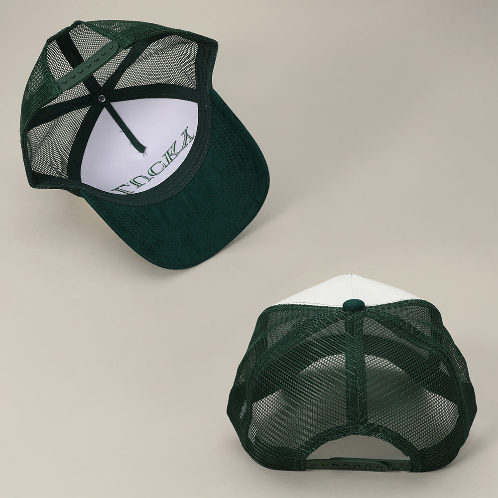 HATEGORY Upside Down LUCKY Message Embroidered Mesh Back Suede Trucker Cap