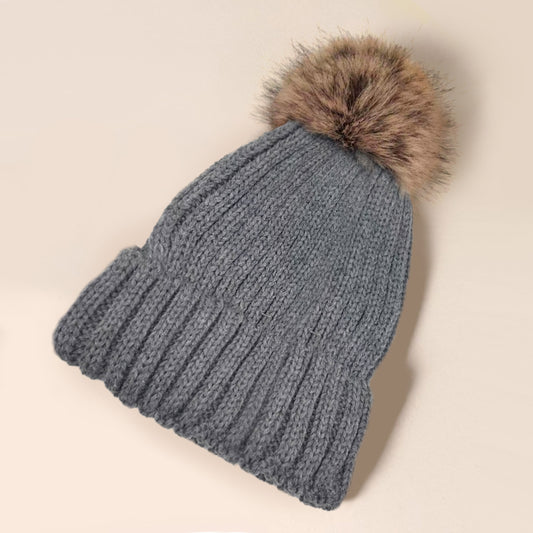 HATEGORY Solid Knit Faux Fur Pom Pom Beanie Hat