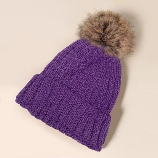 HATEGORY Solid Knit Faux Fur Pom Pom Beanie Hat