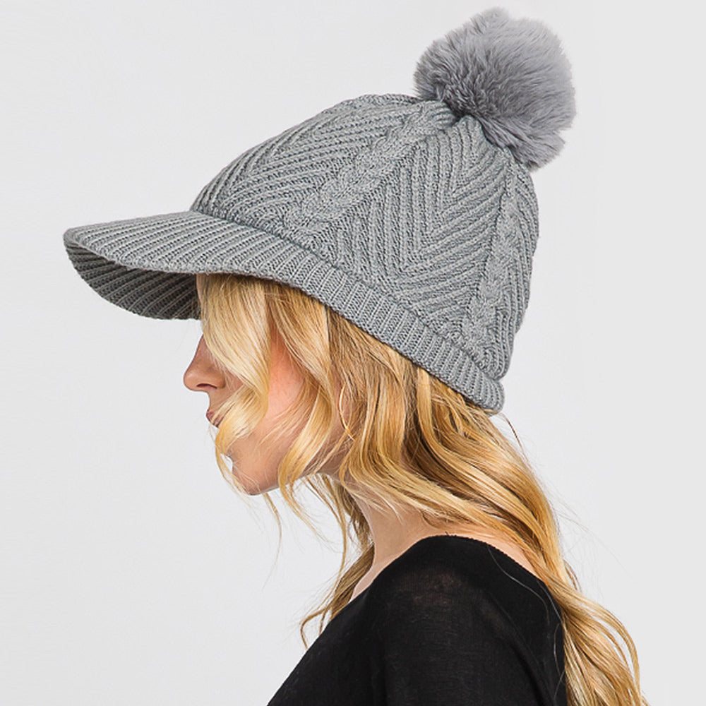 HATEGORY Chevron Patterned Faux Fur Pom Pom Knit Cap