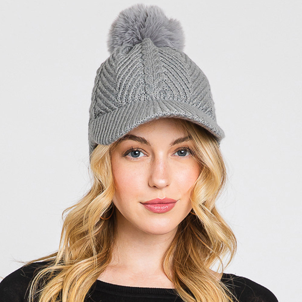 HATEGORY Chevron Patterned Faux Fur Pom Pom Knit Cap