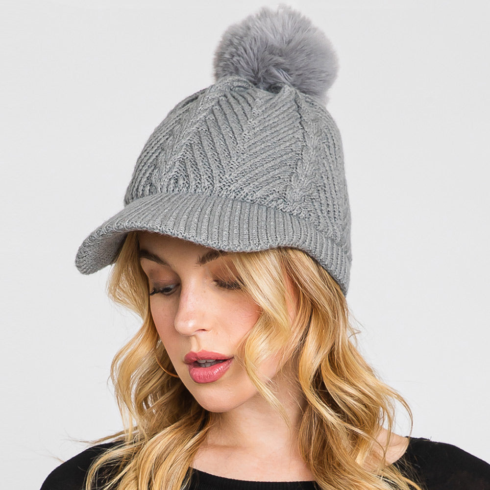 HATEGORY Chevron Patterned Faux Fur Pom Pom Knit Cap