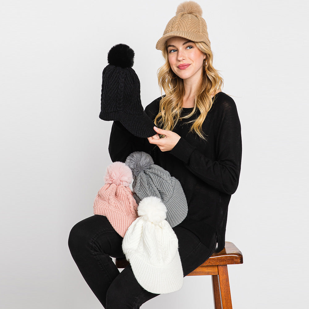 HATEGORY Chevron Patterned Faux Fur Pom Pom Knit Cap