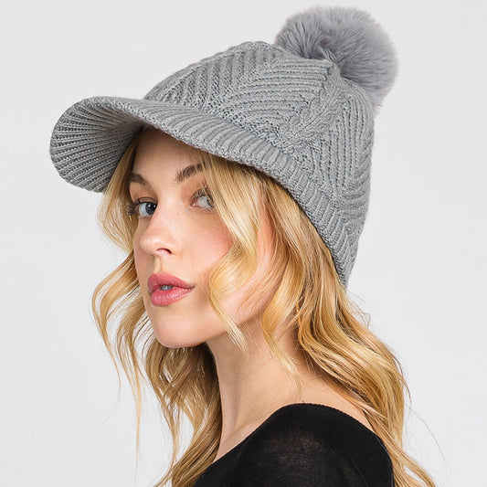 HATEGORY Chevron Patterned Faux Fur Pom Pom Knit Cap