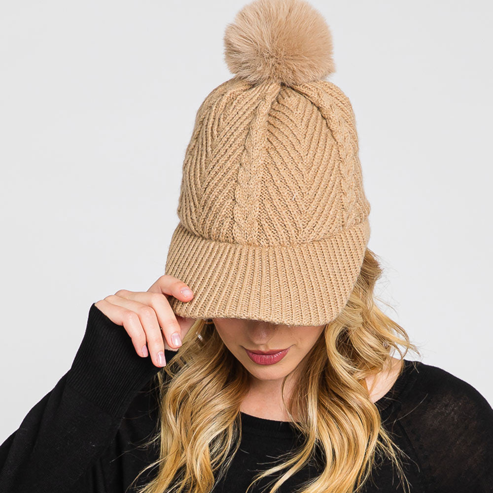 HATEGORY Chevron Patterned Faux Fur Pom Pom Knit Cap