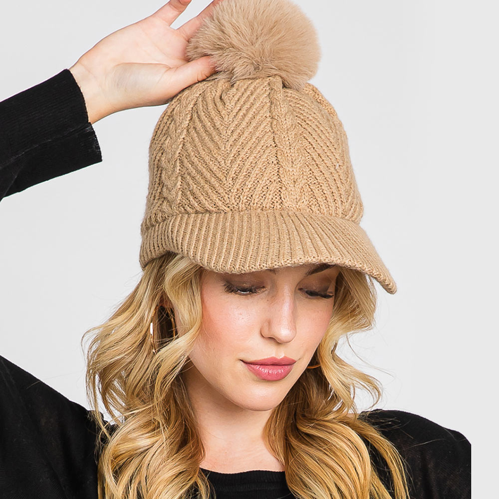 HATEGORY Chevron Patterned Faux Fur Pom Pom Knit Cap