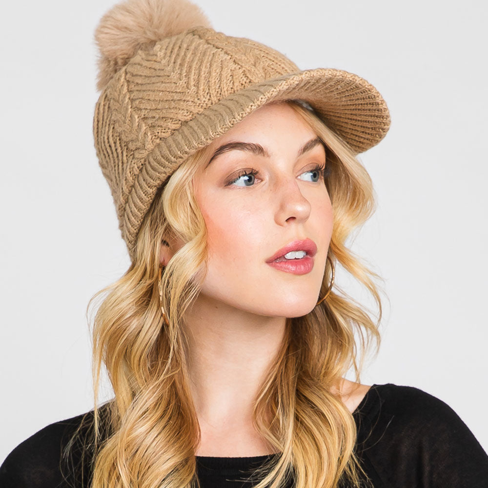 HATEGORY Chevron Patterned Faux Fur Pom Pom Knit Cap