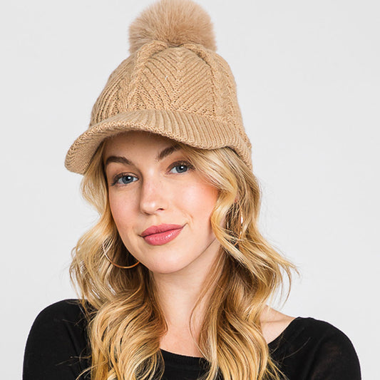 HATEGORY Chevron Patterned Faux Fur Pom Pom Knit Cap