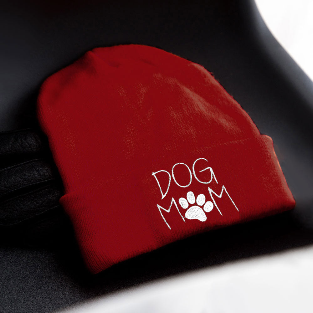 HATEGORY Dog Mom Message Paw Pointed Solid Knit Beanie Hat
