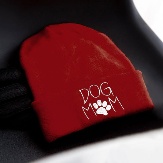 HATEGORY Dog Mom Message Paw Pointed Solid Knit Beanie Hat