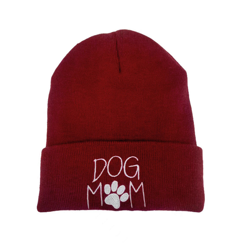 HATEGORY Dog Mom Message Paw Pointed Solid Knit Beanie Hat