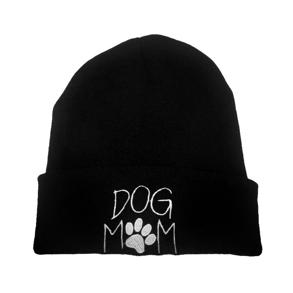 HATEGORY Dog Mom Message Paw Pointed Solid Knit Beanie Hat