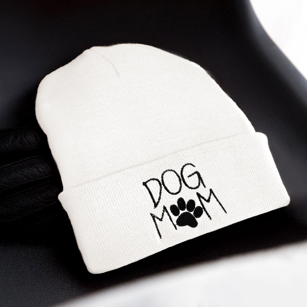HATEGORY Dog Mom Message Paw Pointed Solid Knit Beanie Hat