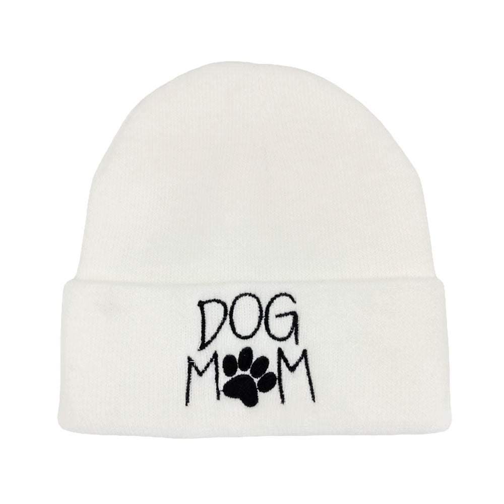 HATEGORY Dog Mom Message Paw Pointed Solid Knit Beanie Hat
