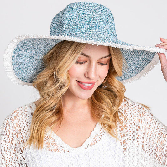 HATEGORY Frayed Two Tone Mixed Color Straw Floppy Hat