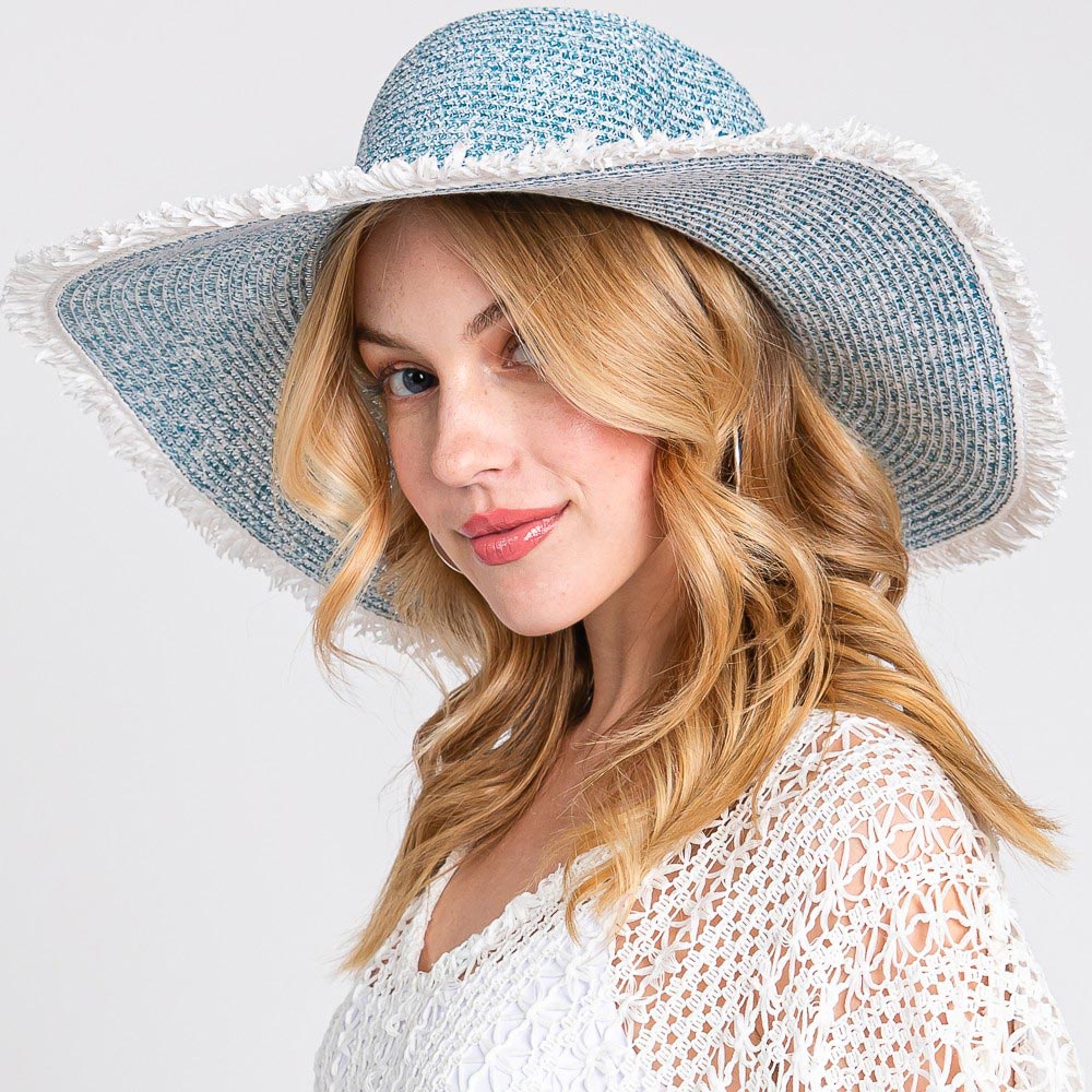 HATEGORY Frayed Two Tone Mixed Color Straw Floppy Hat
