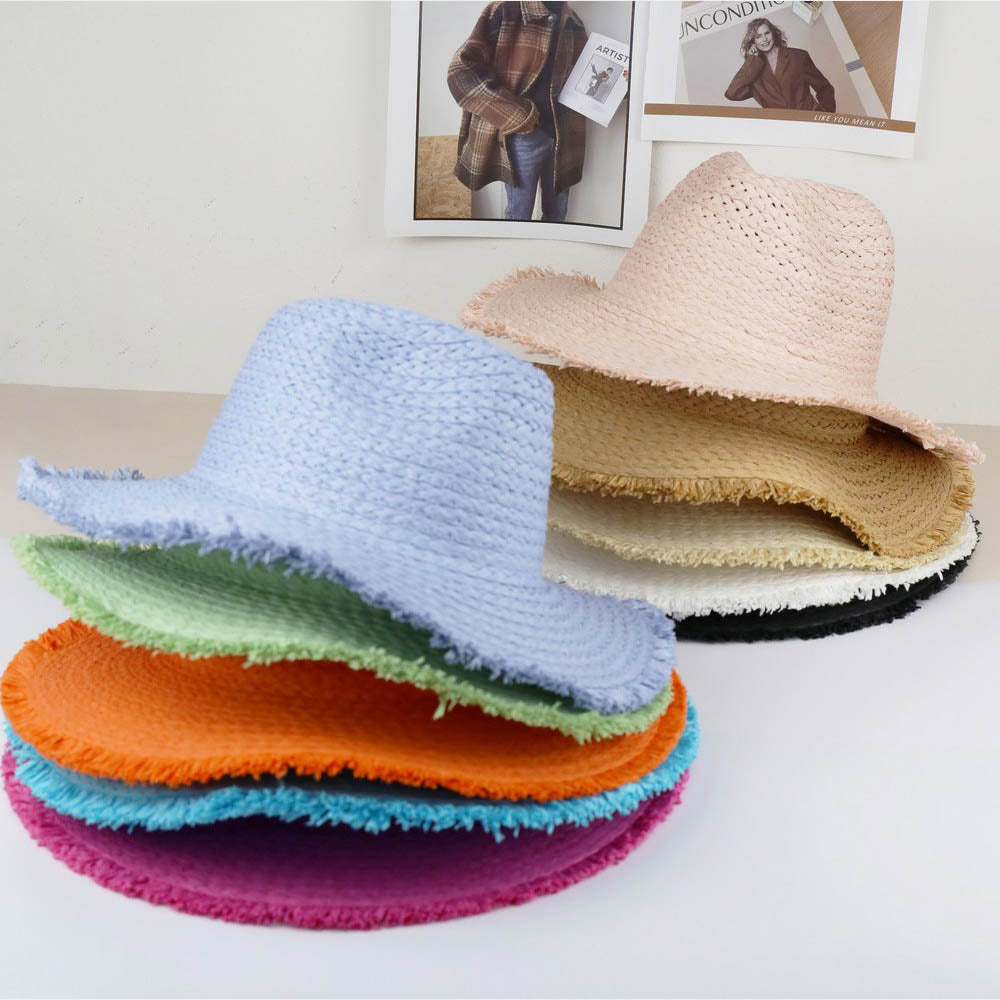 HATEGORY Frayed Solid Straw Sun Hat