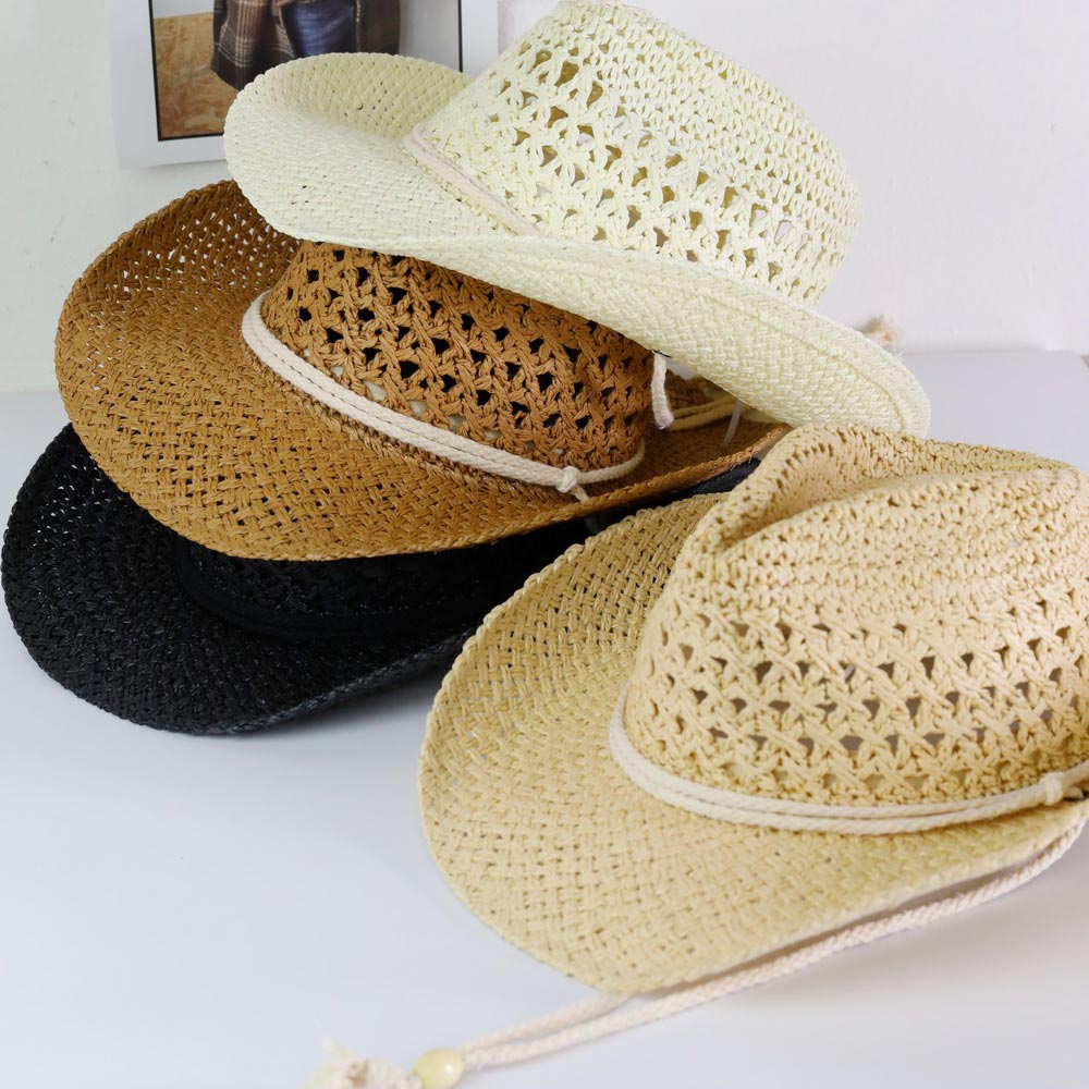 HATEGORY Straw Cowboy Cowgirl Handmade Hat With Chin Strap