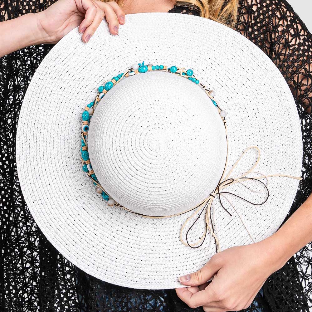 HATEGORY Straw Sun Hat With Evil Eye, Starfish And Bead Band