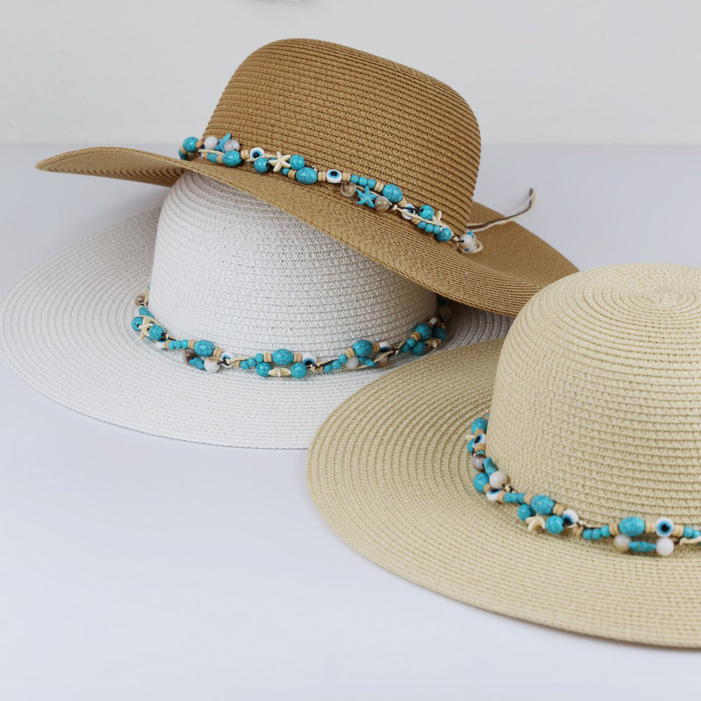 HATEGORY Straw Sun Hat With Evil Eye, Starfish And Bead Band