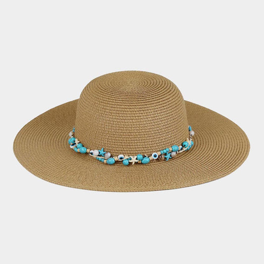 HATEGORY Straw Sun Hat With Evil Eye, Starfish And Bead Band