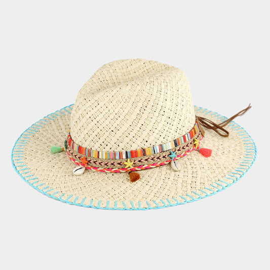HATEGORY Stitch Edged Straw Handmade Sun Hat With Boho
