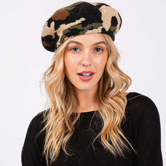HATEGORY Camo Knit Beret Hat