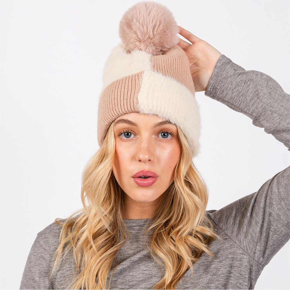 HATEGORY Fuzzy Detailed Fleece Pom Pom Beanie Hat