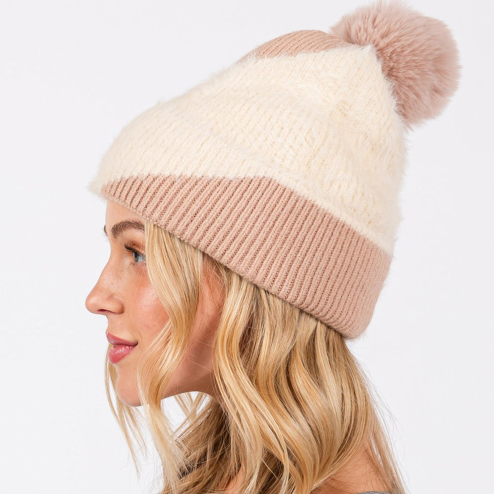 HATEGORY Fuzzy Detailed Fleece Pom Pom Beanie Hat