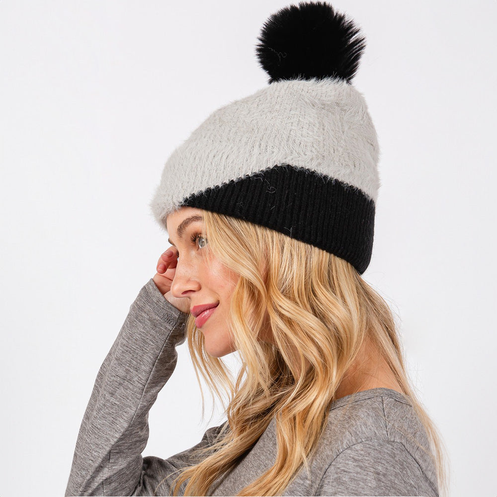 HATEGORY Fuzzy Detailed Fleece Pom Pom Beanie Hat