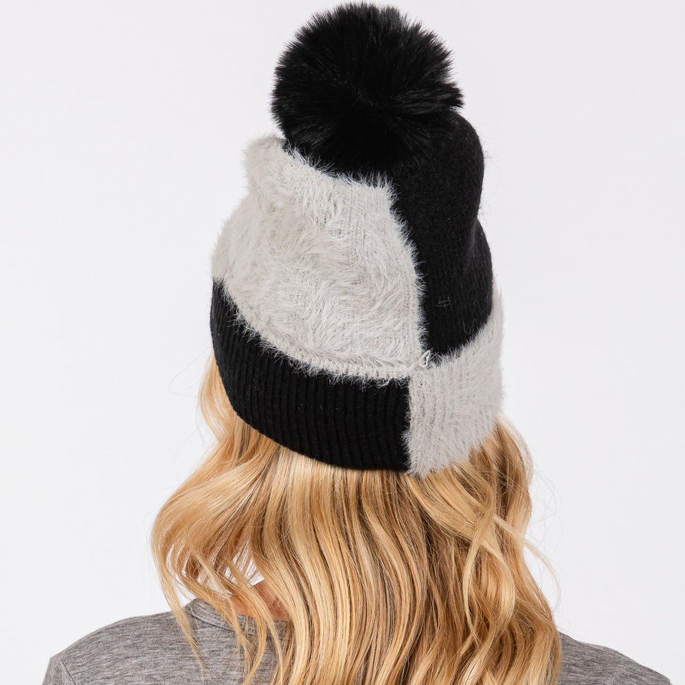 HATEGORY Fuzzy Detailed Fleece Pom Pom Beanie Hat