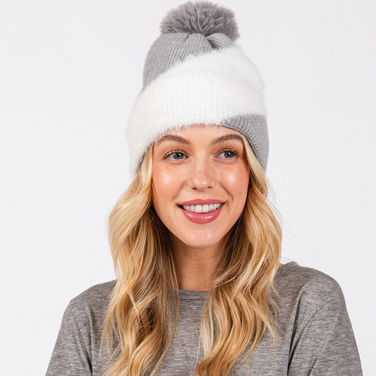 HATEGORY Fuzzy Detailed Fleece Pom Pom Beanie Hat