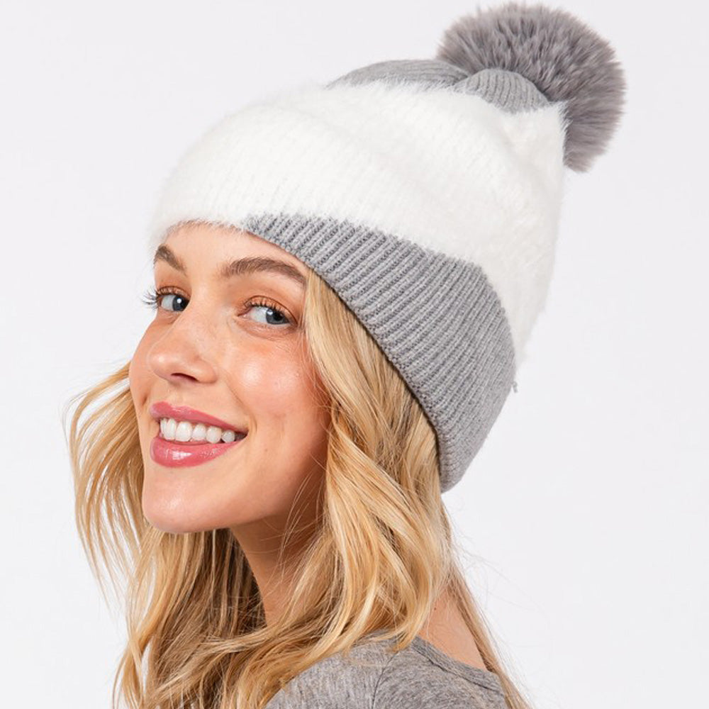 HATEGORY Fuzzy Detailed Fleece Pom Pom Beanie Hat