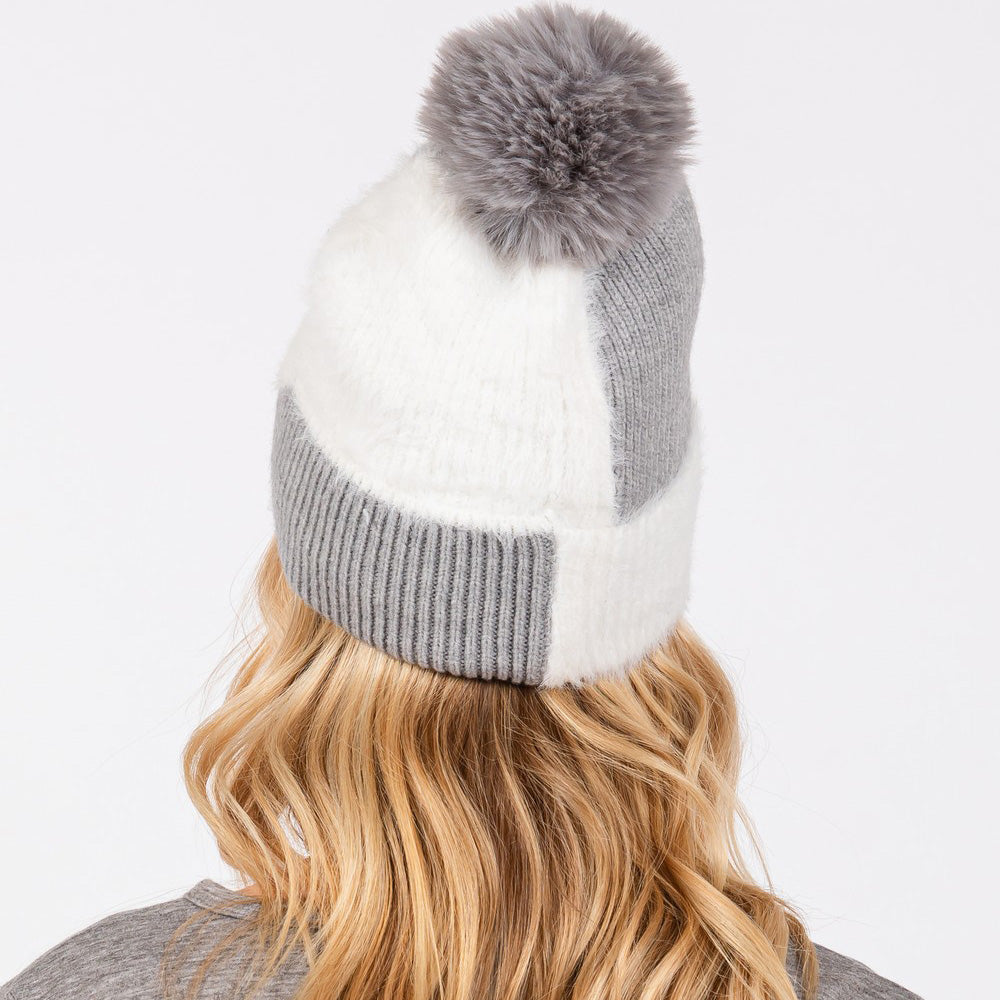 HATEGORY Fuzzy Detailed Fleece Pom Pom Beanie Hat