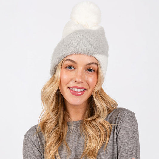 HATEGORY Fuzzy Detailed Fleece Pom Pom Beanie Hat
