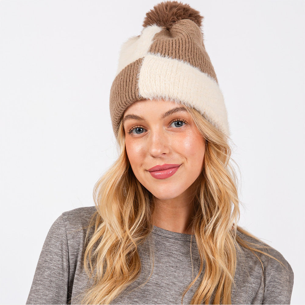 HATEGORY Fuzzy Detailed Fleece Pom Pom Beanie Hat