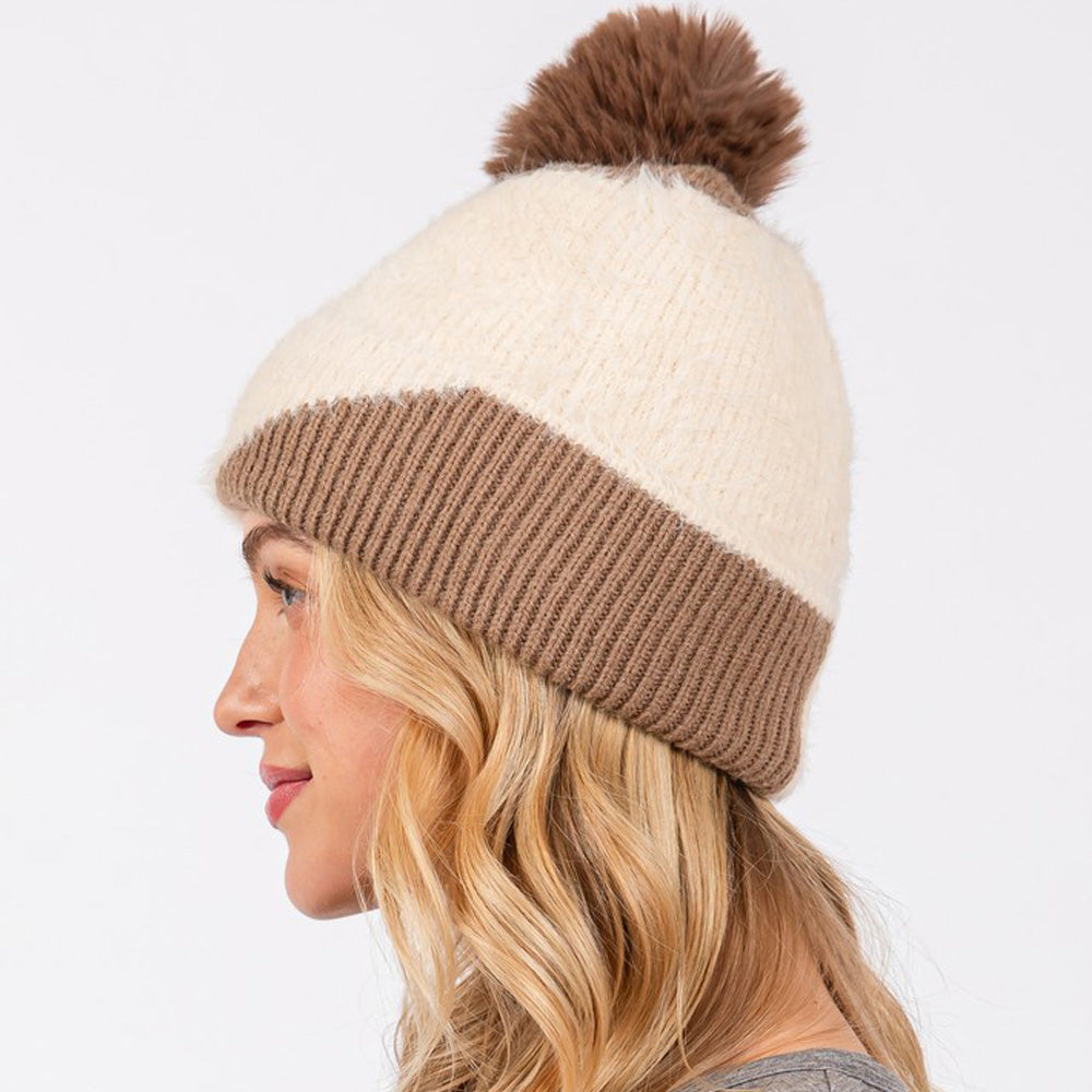 HATEGORY Fuzzy Detailed Fleece Pom Pom Beanie Hat