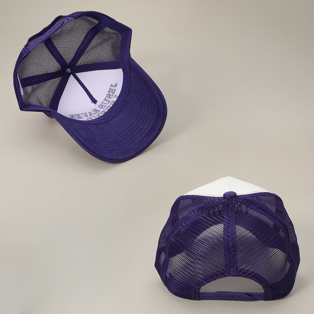 HATEGORY JESUS SAVES I SPEND Message Embroidered Mesh Back Suede Trucker Cap
